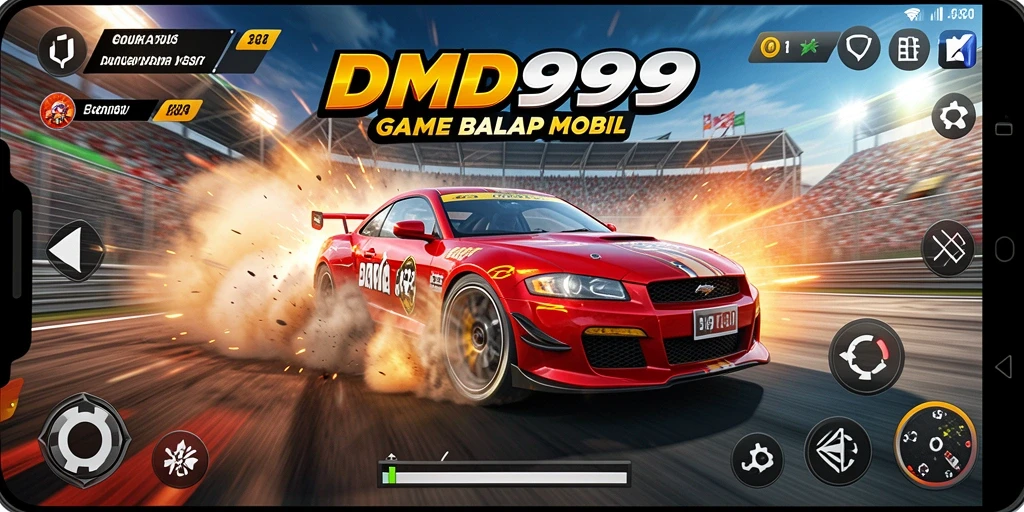 Gameplay DMD999 yang menegangkan dengan aksi balap mobil yang intens.