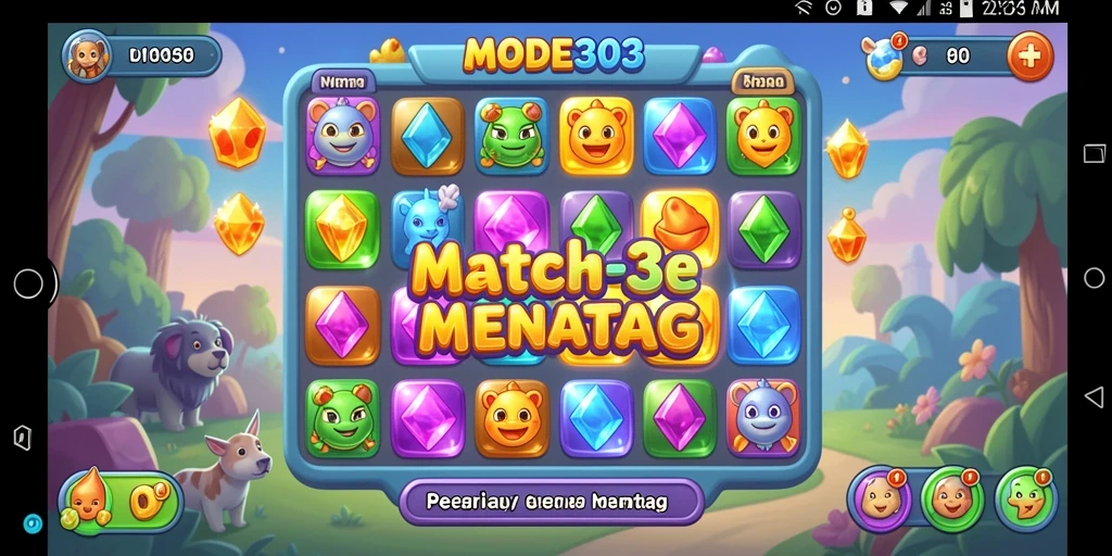 Tangkapan layar gameplay MODE303 yang menampilkan keseruan mencocokkan permata.